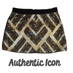Metallic Patterned Sequins Going Out Mini Skirt in Gold & Black, XS